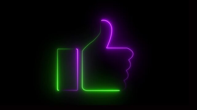 Glowing neon line Hand thumb up icon on black background. Neon Outline Like Icon. Social media like increasing animated like button. pink and green color icon