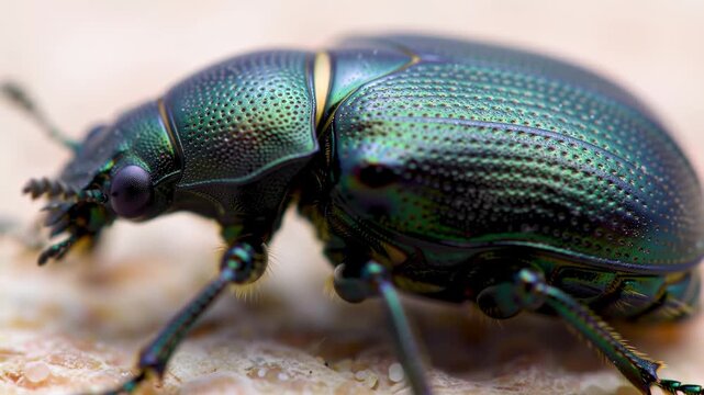 Close-up of a beetle with iridescent green and blue shell
