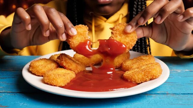 Close-up of an African American girl's hands dipping breaded golden chicken nuggets into a pool of red ketchup on a white plate over a blue wooden table in a yellow hoodie.