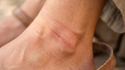 Fototapeta premium The Strap Burn: Red Indentation Lines from Ankle Strap Sandal After All-Day Wear