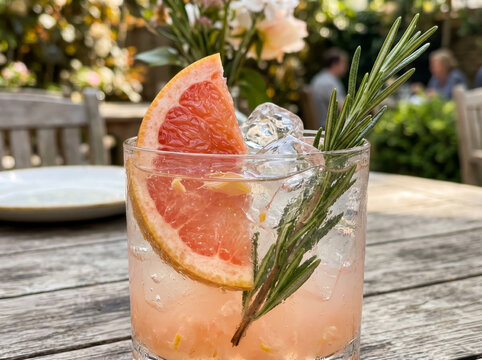 Chilled Pink Grapefruit and Herb Cocktail Close Up