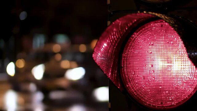 Close-up of a bright red traffic signal in the dark