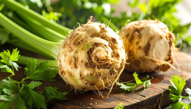 A close-up of two cut celery roots on a wooden board surrounded by green leaves and stalks