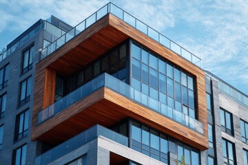 Obraz premium Striking modern building corner, wooden facade, large glass windows, and blue sky