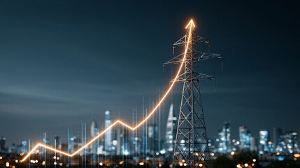 Naklejka na ściany i meble Energy Sector Growth: A striking visual representing the upward trajectory of energy consumption and its impact on urban landscapes. A silhouetted cityscape at night.