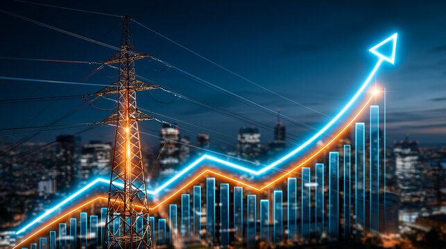 Rising Energy Prices: A digital graph superimposed on a city skyline at dusk, depicting a sharp upward trend.
