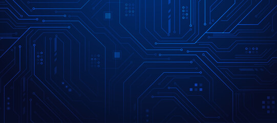 Obraz premium High tech circuit board background with bright blue connection points and data pathways.