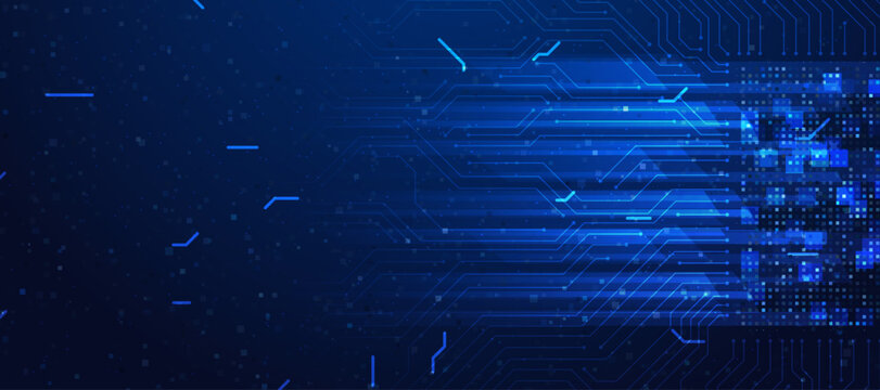 Abstract blue circuit board background with high-speed digital data transfer, emanating from a central processing area.