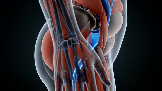 tight side crop of pelvis and lower torso with the urethra visualized as a narrow controlled outlet channel, illustrating urinary flow regulation and lower urinary tract function