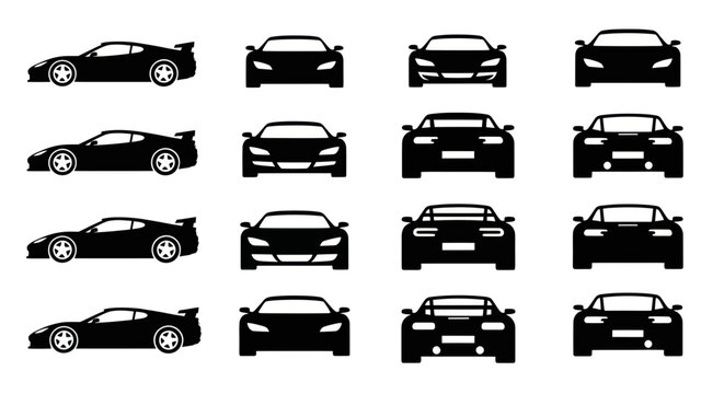 Set of Sporty Car Silhouettes, Front and Side Views, Black Icons
