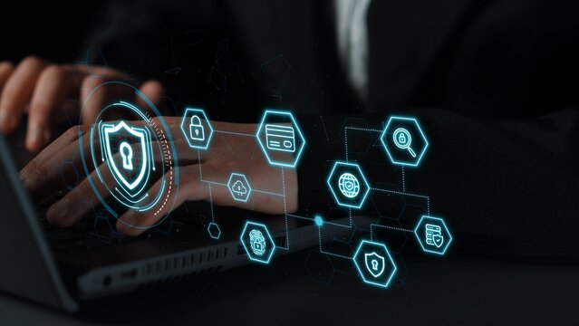 Futuristic Cybersecurity Concept with Hands Typing on Laptop Surrounded by Digital Icons Representing Data Protection and Online Security Measures. Entropy.