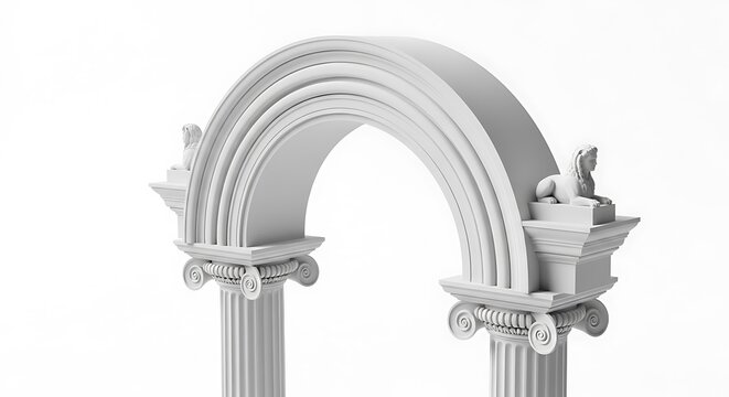 White architectural archway with columns and sphinx statues on top isolated on white background