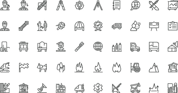 Civil engineering and industrial construction line icon set featuring surveyor tripod workers helmet spirit level heavy machinery flames trucks and global logistics vectors