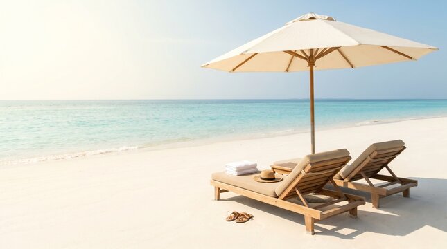 Two empty lounge chairs under a large umbrella on a pristine white sand beach with turquoise ocean water.
