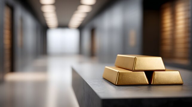 Gold trading and commodity investment concept, shining bullion bars arranged in vault environment