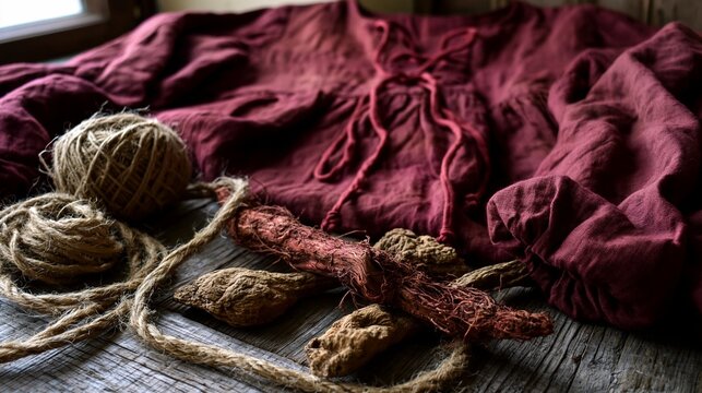 Medium shot of a deep burgundy linen dress dyed with natural madder root surrounded by dried roots and rustic twine on a wooden table under warm window light.