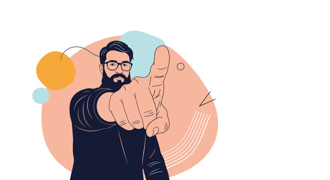 Confident bearded man wearing glasses pointing his finger directly towards the camera on a minimalist abstract background with shapes and lines.