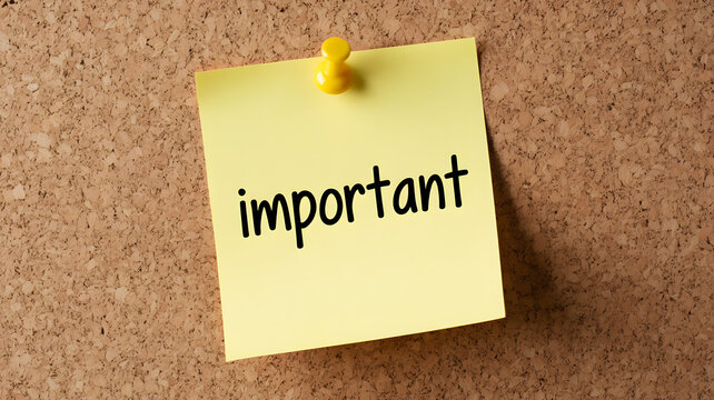 A yellow sticky note with the word important written on it is pinned to a corkboard