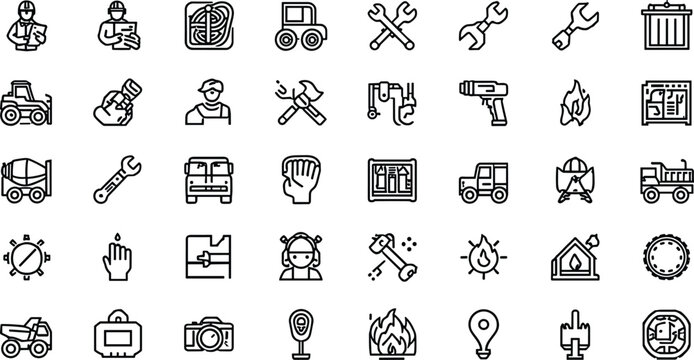Heavy construction and industrial engineering line icon set featuring workers wrenches trucks dumper mixers machinery tools flames helmet and safety equipment outline vectors