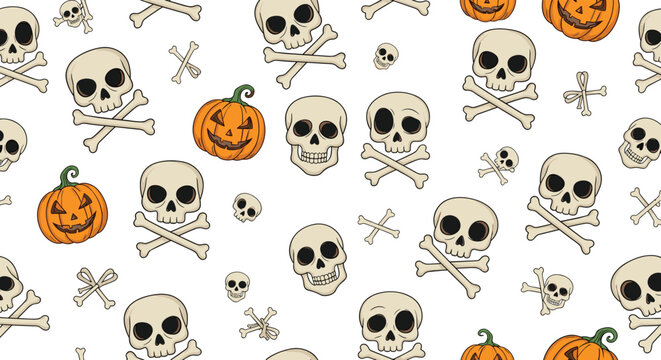 Halloween seamless pattern featuring cartoon skulls with crossbones and orange pumpkins with spooky faces on a white background.