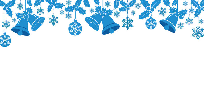 Decorative blue Christmas border featuring hanging bells, snowflakes, ornaments, and holly leaves against a plain white background for copy space.