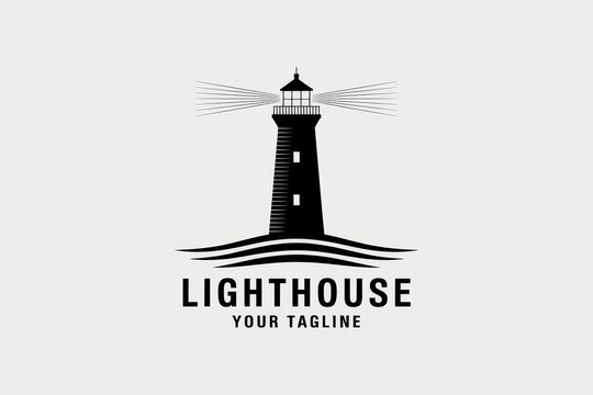 Minimalist black lighthouse logo design with light rays and ocean waves on a light grey background