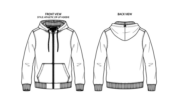 Long Sleeve Hoodie Jacket Sweatshirt Flat Sketch Vector Template with Front and Back View Winter Training Outerwear Design