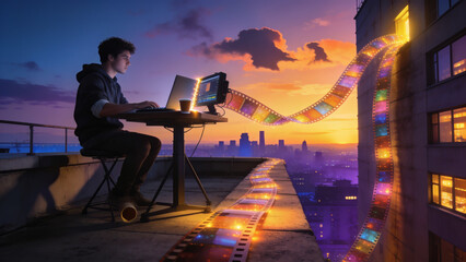 Fototapeta premium Video editor working on a laptop on a rooftop at sunset with glowing film strips flowing out