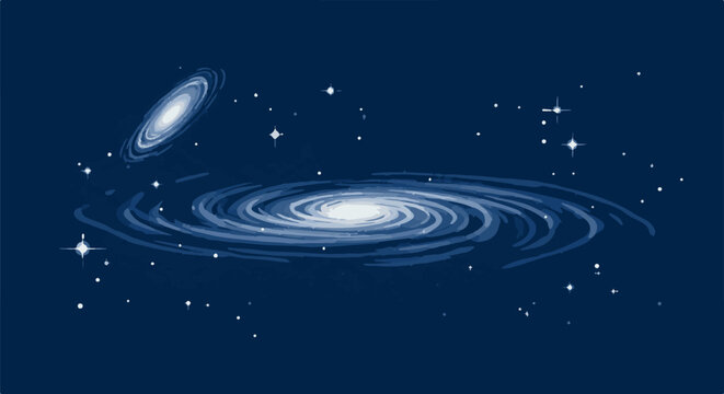 Pixel art depicting two swirling galaxies and scattered stars in deep space