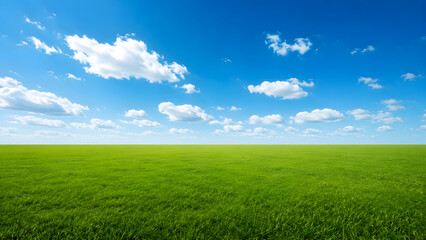 Obraz premium Green grass field under a bright blue summer sky with landscape
