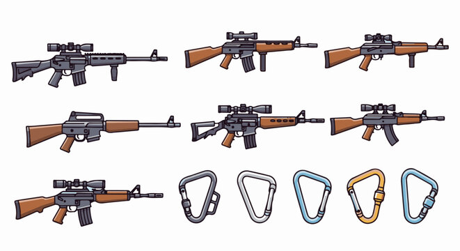 Pixel art firearms and climbing carabiners on a white background
