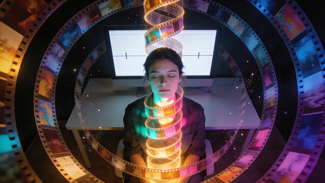 Creative mind and video editing concept with glowing photographic film spirals around a person