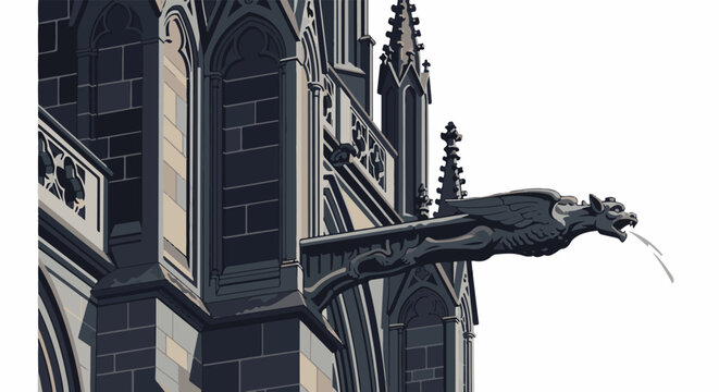 Pixelated gargoyle spouts water from a gothic stone building facade