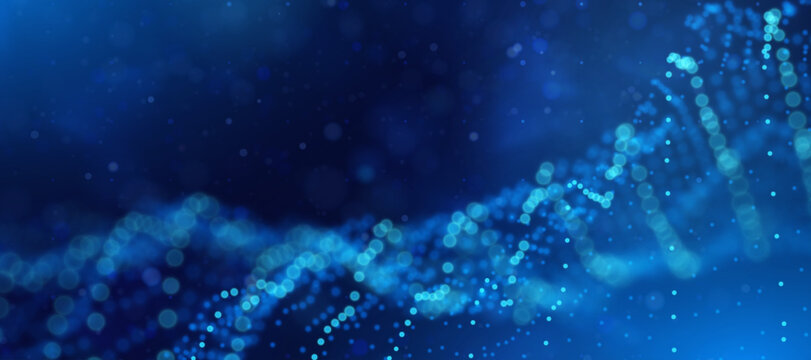 Abstract digital data stream with glowing blue light particles moving in wave patterns.