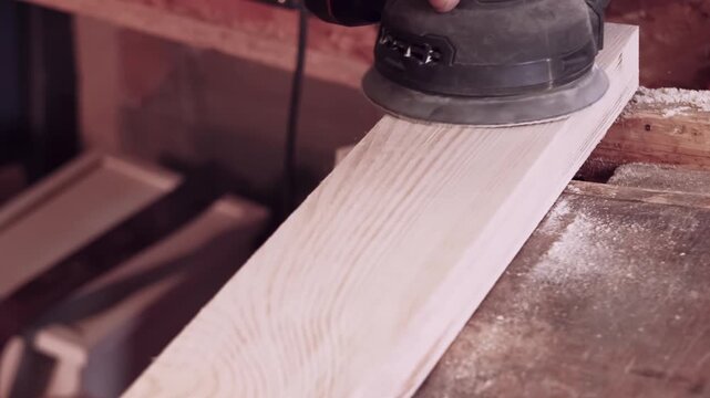 Smoothing plank process. Joiner woodwork. Man hand rubbing board surface with professional industry orbital sand lumber equipment.