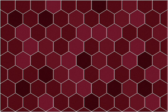 Maroon hexagonal tile texture with geometric honeycomb pattern and durable stone surface. Ideal for flooring visuals, architectural backgrounds, and contemporary interior or exterior design.