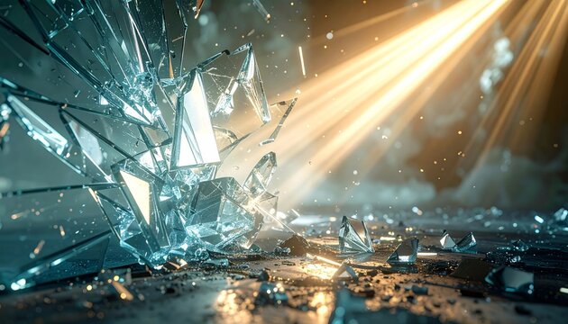 Shattered glass with bright light beam.