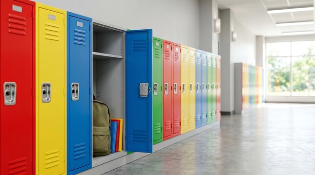 A row of vibrant colorful school lockers with one open blue locker showing a backpack, representing student campus lifestyle.