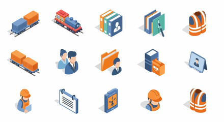 Collection of isometric icons representing business, industry, and transport elements. © Rina