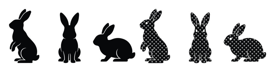 Fototapeta premium Black rabbit silhouette collection, 6 bunny vector icons in solid and checkered patterns, Easter hare animal shapes for graphic design and logos