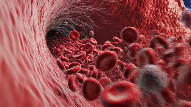 venous blood flow moving inward through a vessel as red blood cells travel in a steady stream, captured in a low horizontal tracking motion that emphasizes circulation, oxygen transport