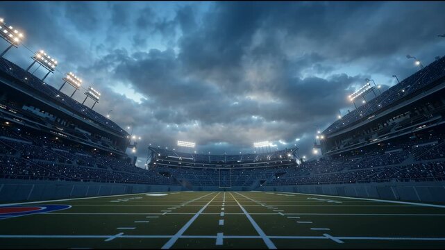 Championship football stadium fills with energy as fans gather and lights shine before the game kicks off in the evening sky.