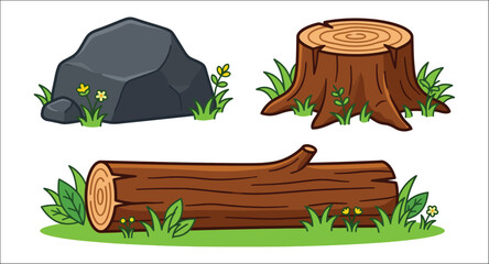 Rock tree stump and log illustration with green foliage © vectors home
