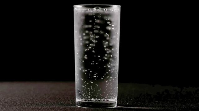 Carbonated sparkling water with fizzy bubbles rising inside a clear glass against a black background.
