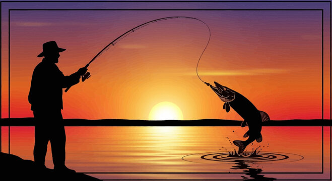 Fisherman silhouette catches jumping fish at sunset, vibrant orange sky, water splashes