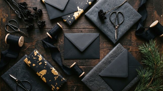 Luxury black and gold gift wrapping flat lay with envelopes scissors and silk ribbons on dark wooden table for elegant holiday celebration