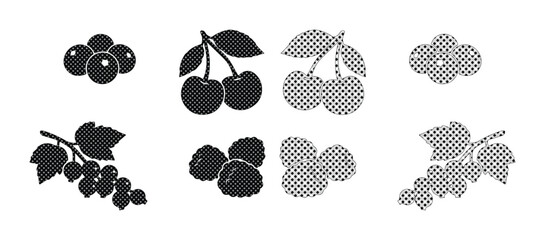 Vintage berry fruit icons set, black silhouette and halftone cherry and currant vector graphics, organic food symbols for packaging design © Jemie