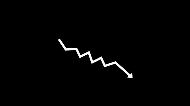 White jagged arrow pointing down on a black background decline decrease