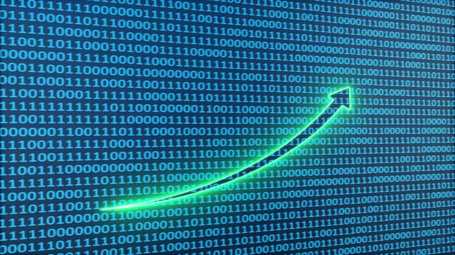 Glowing green arrow pointing upwards against a digital background of binary code data technology
