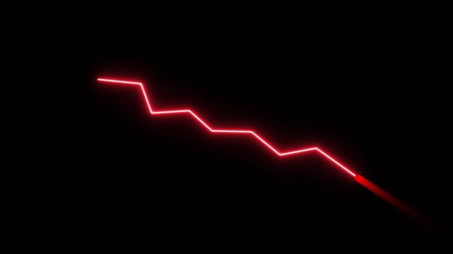 Red neon line graph descending sharply against a black background chart down